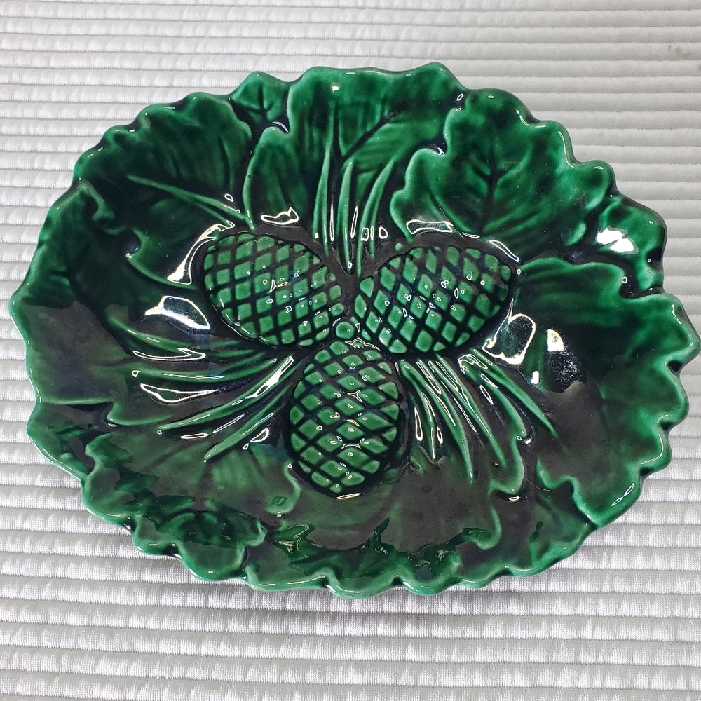 Pine Cone Leaf Green Dish Vintage 7"x5" Handmade Ceramic Painted Trinket Candy
